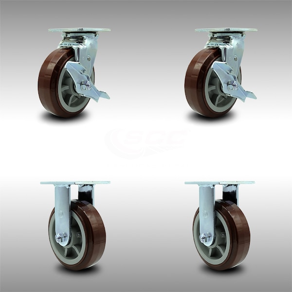 6 Inch SS Polyurethane Caster Set with Roller Bearings 2 Brakes 2 Rigid SCC